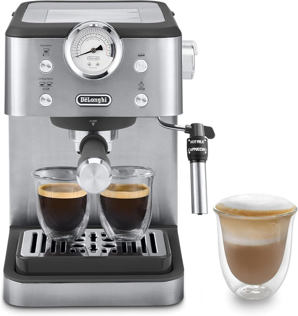 De'Longhi Linea Classic EM450.M portafilter machine, espressor cu spumă de lapte profesională, carcasă metalică completă, 15 bar, rezervor de apă de 1,7 litri, oțel inoxidabil/metal