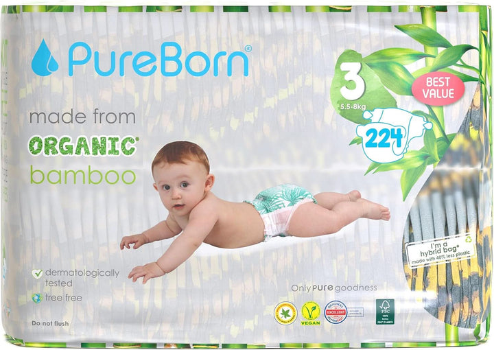 Pureborn Eco Bio-Bambus Windeln, Größe 3 (5,5-8 Kg), 224 Stück (2 X 112), Umweltfreundlich, Hypoallergen, Ultraweich, Mit Nässeindikator, Diverser Aufdruck