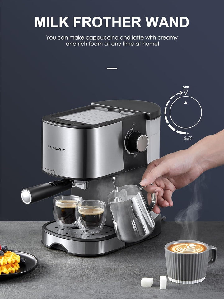 Mașină de espresso VINATO, mașină de espresso și cappuccino de 15 bari cu funcție de încălzire rapidă, mașină de cafea cu funcție de spumare a laptelui și baghetă de abur, suport pentru filtru cu ieșire dublă și 2 filtre