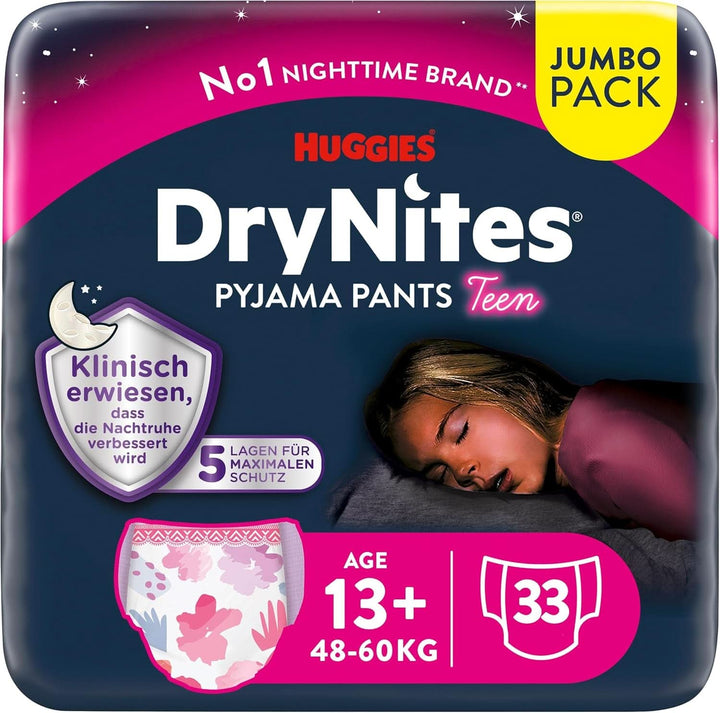 Huggies Drynites Nachtwindeln Bei Bettnässen, Für Mädchen Ab 13 Bis Ca. 17 Jahre (48-60 KG), 33 Stück (3X11), Jumbo-Monatspack, Windel-Pants XL