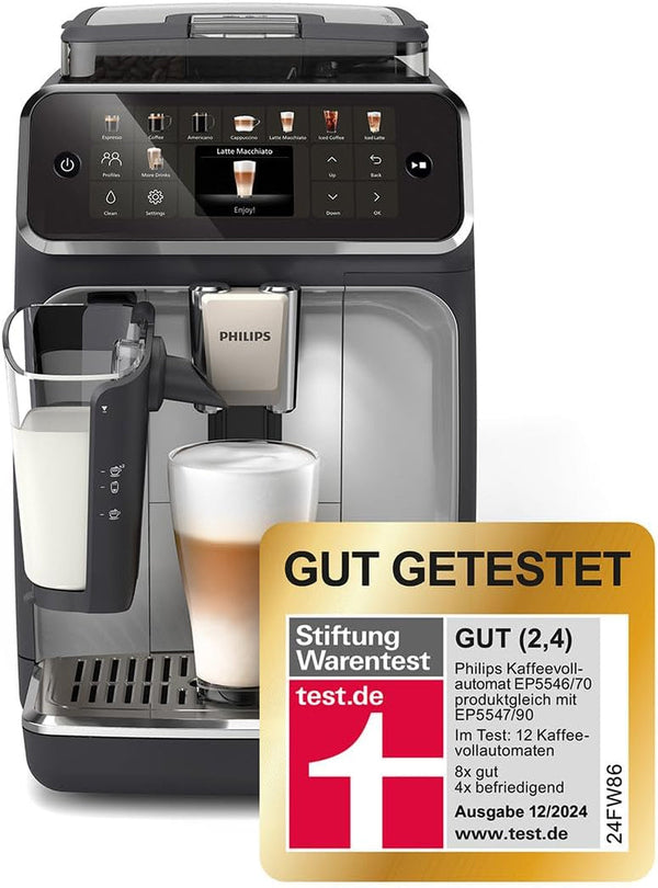 Philips Seria 5500 Mașină automată de cafea - Sistem de lapte Lattego, 20 de specialități de cafea caldă și rece, 40% mai silențioasă cu Silentbrew, pornire rapidă, negru și argintiu (EP5546/70)