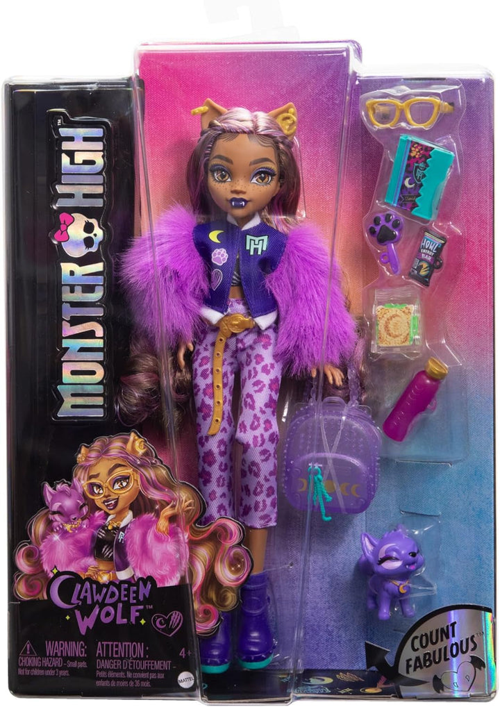 Păpușă Monster High Clawdeen Wolf cu câine Crescent și accesorii precum rucsac, calendar, gustări și multe altele, HRP65