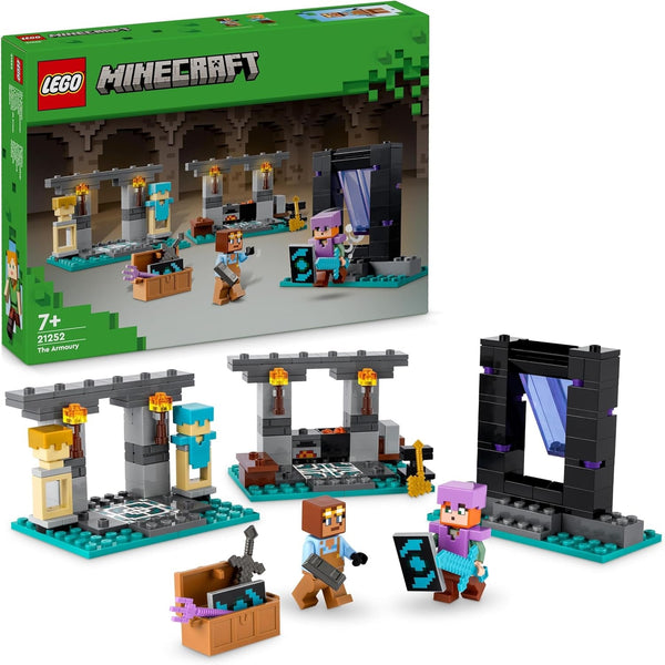 LEGO Minecraft The Armoury, set de jocuri cu figuri de eroi, arme de jucărie și figura Alex, jucărie de acțiune pentru băieți și fete, cadou pentru gameri și copii de la 7 ani 21252
