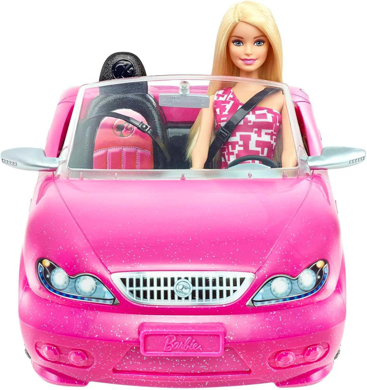 Păpușă Barbie și decapotabilă în roz cu sclipici, logo realist pentru anvelope, jucărie de la 3 ani, DJR55