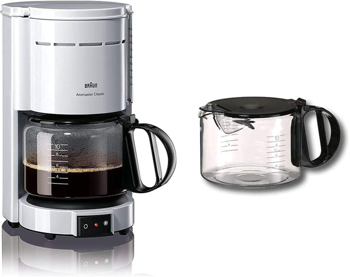 Cafetiera Braun KF 47 WH - Cafetieră cu filtru cu cană din sticlă pentru cafea clasică cu filtru, cafea aromată datorită sistemului Optibrew, oprire prin picurare, oprire automată, alb