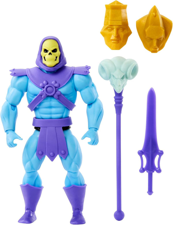 Jucărie Masters of the Universe Origins, figurină Skeletor din colecția de desene animate, răufăcător înalt de aprox. 14 cm cu armură, baston, sabie și 2 măști, HYD24