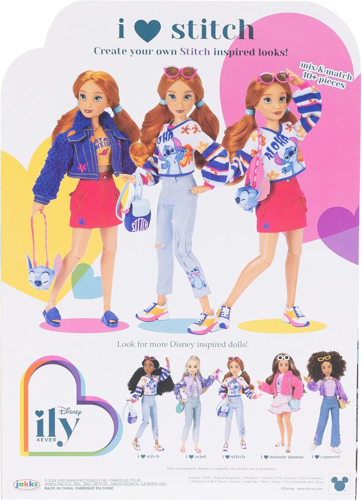 Disney ILY 4EVER Fashion Dolls Stitch cu păr roșcat 11.5" înălțime cu 13 puncte de articulare, două ținute complete Mix-And-Match și inel Mickey strălucitor pentru tine!