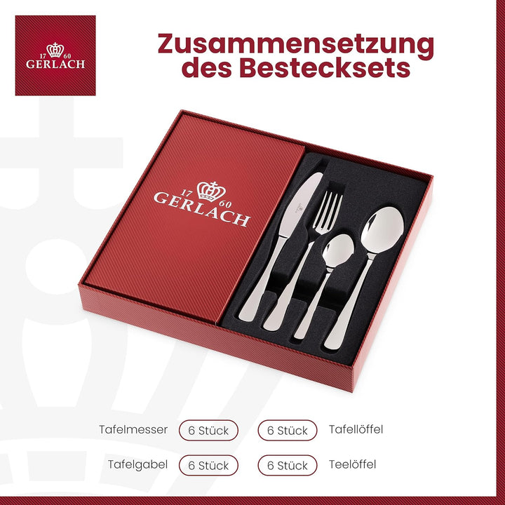 Gerlach Flow Besteck-Set 6 Personen Spülmaschinenfest Essbesteck Besteck Aus Edelstahl Messer Gabel Löffel Teelöffel Tafelbesteck Rostfrei 24 Stk, Silberglänzend