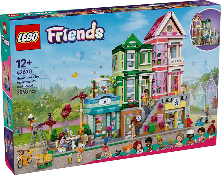 LEGO Friends Heartlake City Living and Shopping Street, set de construcție pentru jocuri de rol cu 9 personaje (inclusiv 7 minifigurine) și 3 pisici, cadou pentru fete și adolescenți, casă de jucării 42670