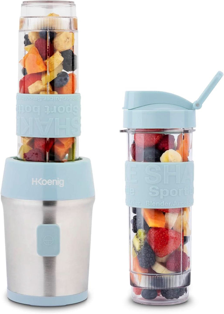 H.Koenig Smoothie Maker SMOO9 - Mini Standmixer - Mini Blender - 300 Watt - 570 Ml - Edelstahl - 2 Kunststofflaschen - Bpa-Frei, Grau