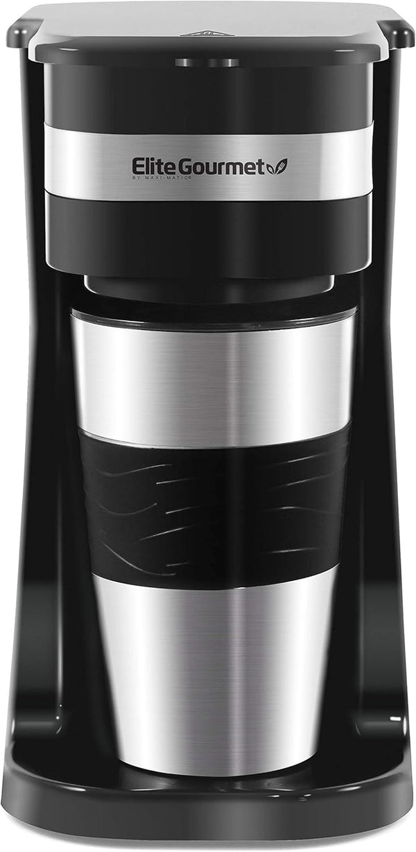 Elite Gourmet EHC111A# Cafetieră cu filtru cu porție unică, compactă, plus cană de călătorie termo cu interior din oțel inoxidabil, pentru cafea măcinată, filtru reutilizabil, 398 ml, negru