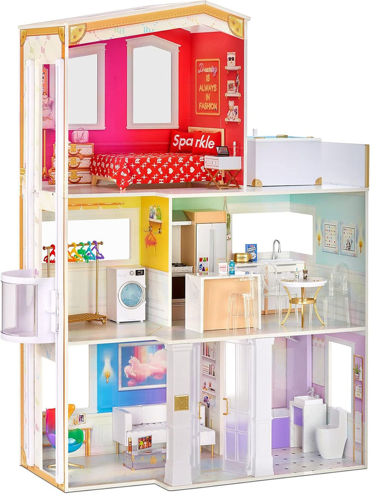 Rainbow High Townhouse - Casă de păpuși din lemn cu 3 etaje cu 5 camere colorate și terasă - Casă complet mobilată cu lift și accesorii funcționale - Jucărie pentru copii de la 4 la 12+ ani