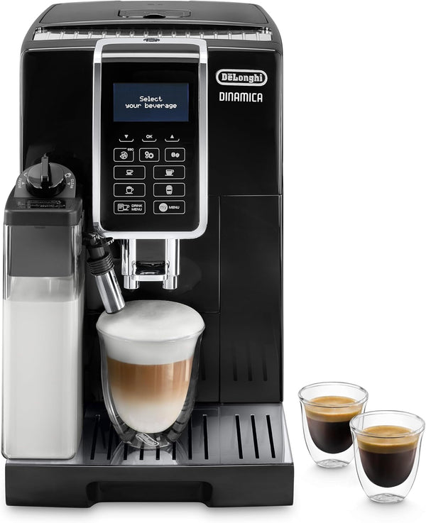 De'Longhi Dinamica ECAM 350.55.B Aparat de cafea complet automat cu sistem de lapte Lattecrema, cappuccino, espresso și cafea la apăsarea unui buton, afișaj digital, funcție 2 cești, rezervor mare de apă de 1,8 litri, negru