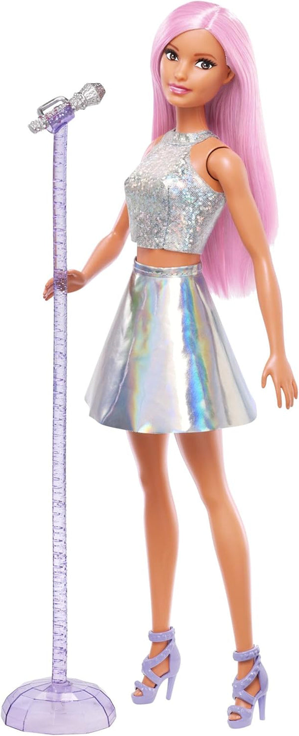 Păpușa Barbie Pop Star îmbrăcată într-o fustă strălucitoare, cu microfon și păr roz, cadou pentru copii de la 3 la 7 ani, JCW42, Dazzling