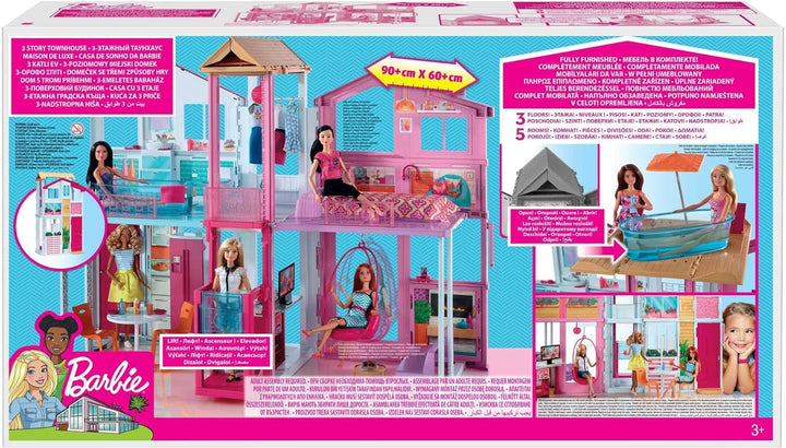 Barbie House Dream Villa, casă de oraș cu 3 etaje și 5 camere, inclusiv accesorii precum mobilier, pliabilă și depozitabilă, jucării de la 3 ani, DLY32
