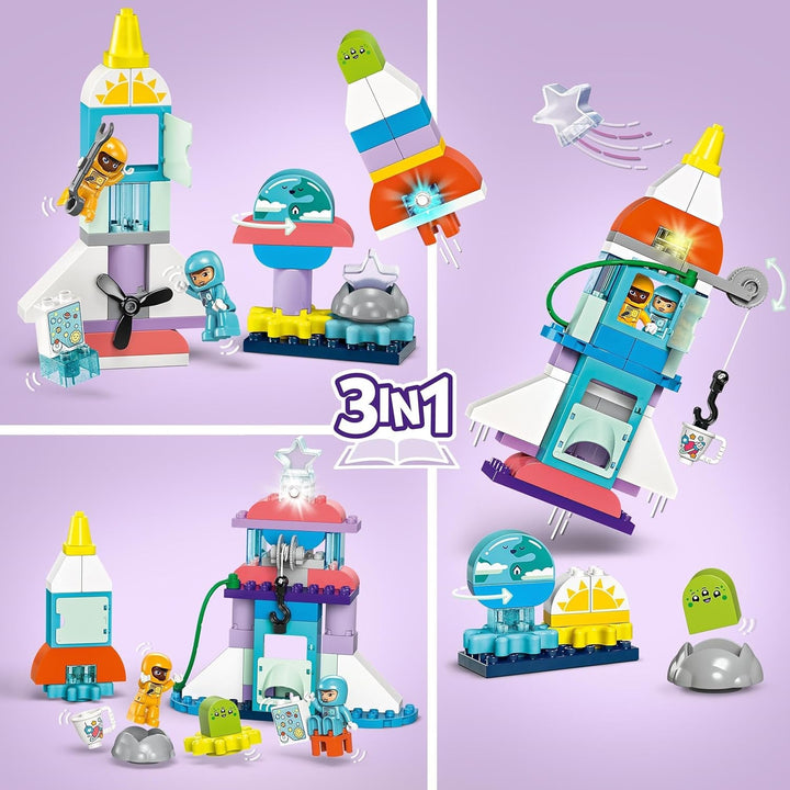Naveta spațială LEGO DUPLO 3 în 1 pentru o mulțime de aventuri, set spațial cu jucărie rachetă pentru copii de construit, jucărie pentru știință și abilități motorii pentru dezvoltare timpurie, cadou pentru copiii de 3 ani 10422