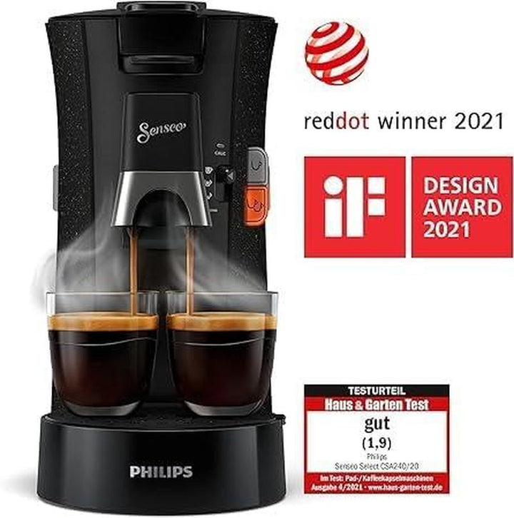 Aparat de cafea cu doze Philips Senseo Select Eco, negru/marcat - Alegerea intensității cafelei plus funcție memo, Fabricat din plastic reciclat (CSA240/20)