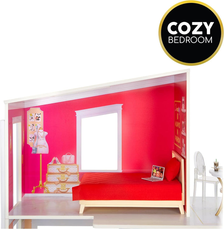 Rainbow High Townhouse - Casă de păpuși din lemn cu 3 etaje cu 5 camere colorate și terasă - Casă complet mobilată cu lift și accesorii funcționale - Jucărie pentru copii de la 4 la 12+ ani