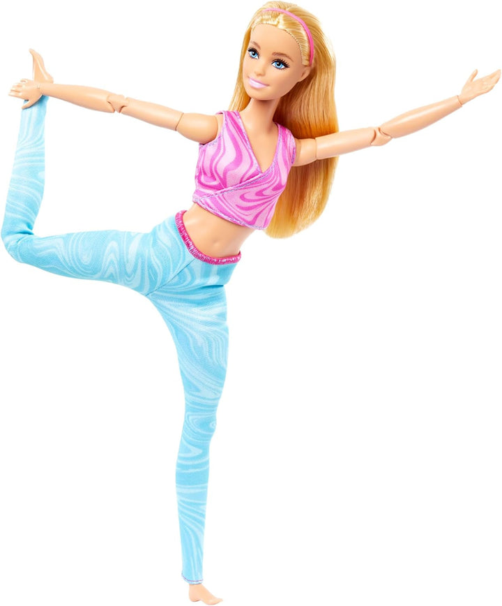 Păpușă Barbie Made-To-Move Fashion cu păr blond, top sport roz detașabil și pantaloni yoga albaștri, 22 de articulații mobile", HRH27, [Multicolor]