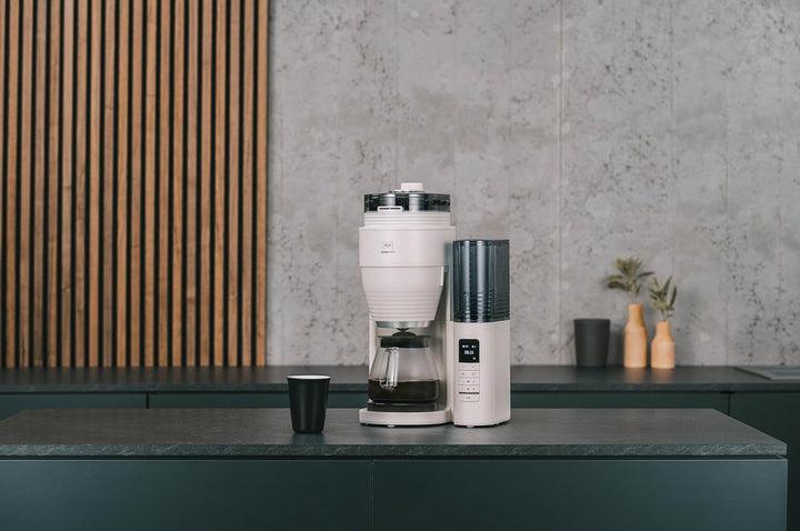 Melitta Aromafresh Pro X - Cafetieră cu râșniță, filtru de cafea cu ulcior din sticlă și rezervor de apă detașabil, pentru până la 10 cești de cafea, gri cald