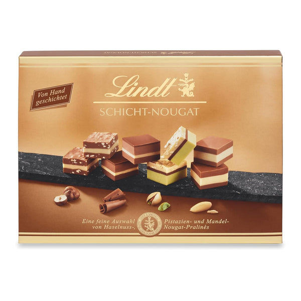 Lindt Schokolade - Schicht Pralinen | 125 G | Pralinés-Schachtel Mit 12 Von Hand Geschichteten Mandel-, Haselnuss- Und Pistazien-Nougat Spezialitäten | Pralinengeschenk | Schokoladengeschenk