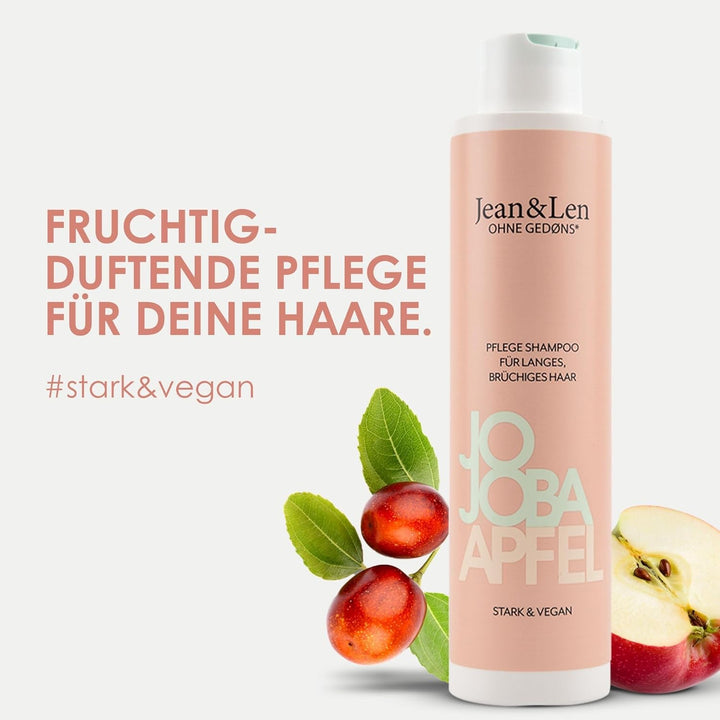 Jean & Len Pflege Shampoo Jojoba & Apfel, Pflegt Langes Und Brüchiges Haar, Für Gesünder & Stärker Aussehendes Haar, Haarpflege Mit Apfel Duft, Ohne Parabene & Silikone, Vegan, 300 Ml