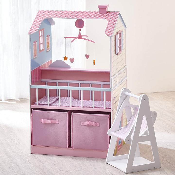 Olivia's Little World 2 En 1 Casă de păpuși și stație de schimbare Masa de schimbare Playset pentru păpuși din lemn cu scaun înalt TD-11460A