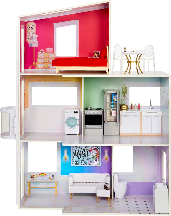 Rainbow High Townhouse - Casă de păpuși din lemn cu 3 etaje cu 5 camere colorate și terasă - Casă complet mobilată cu lift și accesorii funcționale - Jucărie pentru copii de la 4 la 12+ ani