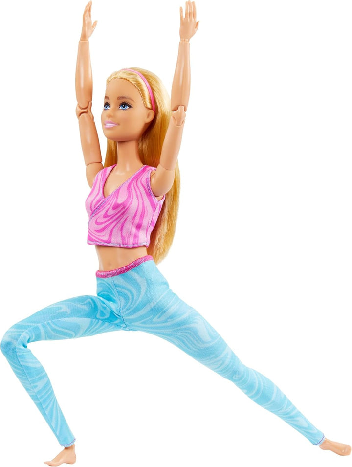 Păpușă Barbie Made-To-Move Fashion cu păr blond, top sport roz detașabil și pantaloni yoga albaștri, 22 de articulații mobile", HRH27, [Multicolor]