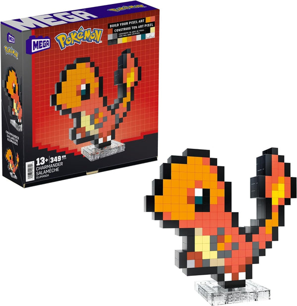 MEGA Pokémon Glumanda - Figură construibilă în aspect retro, Pixel Art, Inclusiv bază pentru montare pe perete, Pentru constructori și colecționari adulți, HTH76