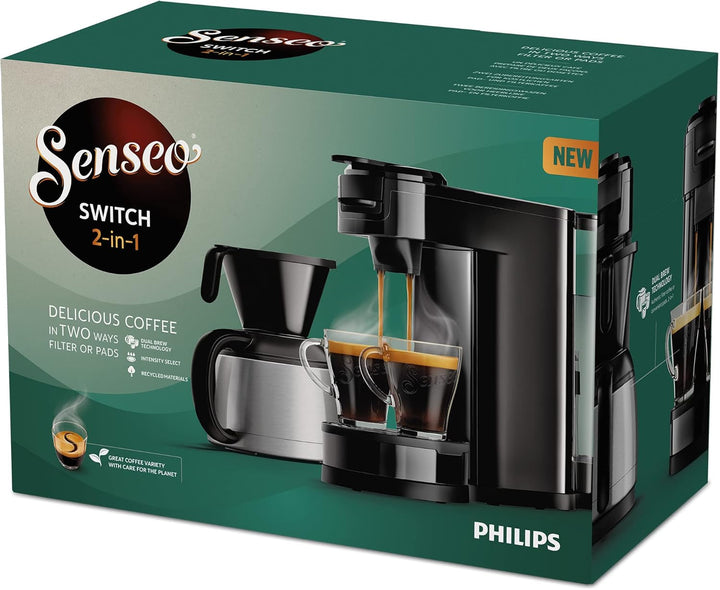 Cafetieră cu filtru și doze Philips Senseo Switch, tehnologie de preparare 2 în 1, recipient pentru apă de 1 litru, 7 cești dintr-o dată, negru pian (HD6592/64)