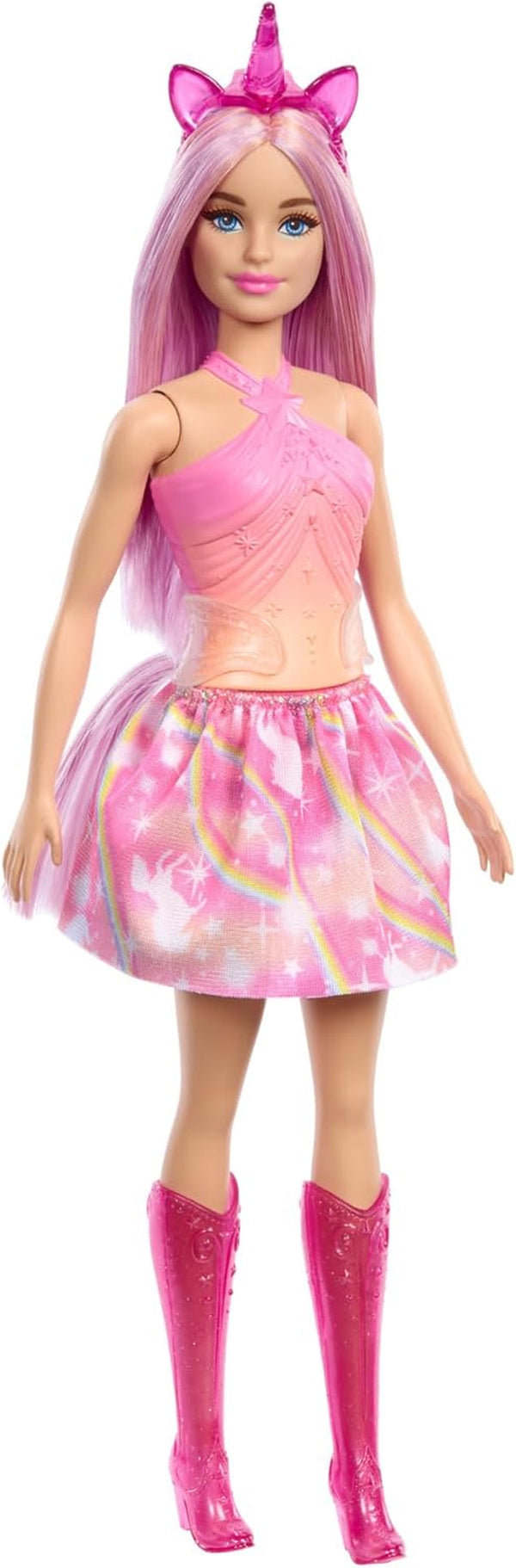 Păpuși Barbie Unicorn cu păr fantezie colorat, ținute cu gradient de culoare și accesorii fantezie în jurul temei unicorn, HRR13