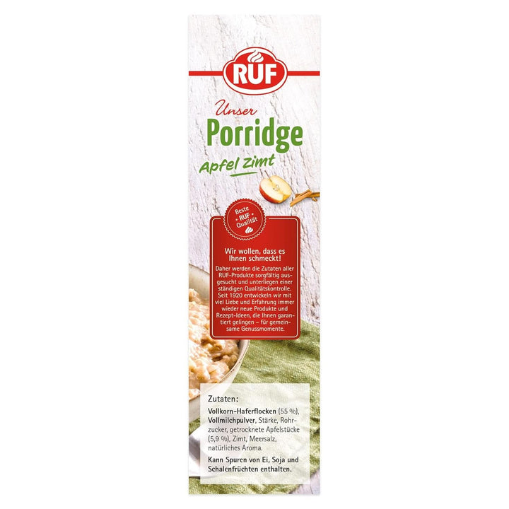 RUF Porridge Apple Cinnamon, cu fulgi de ovăz integral, aromă fină de scorțișoară și bucăți de mere uscate, 400 grame