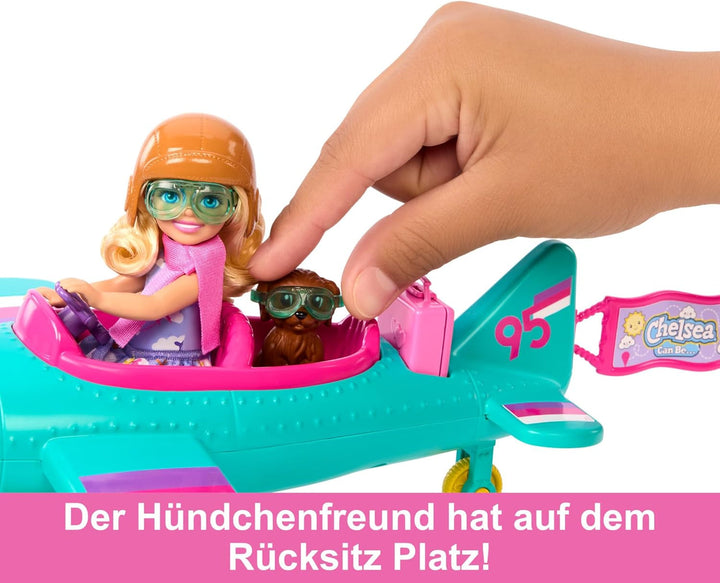 Barbie Chelsea Plane Doll And Playset - păpușă pilot, avion, mâner și accesorii pentru povești, roți de rulare și elice cu picior de floare, vârsta 3+, HTK38