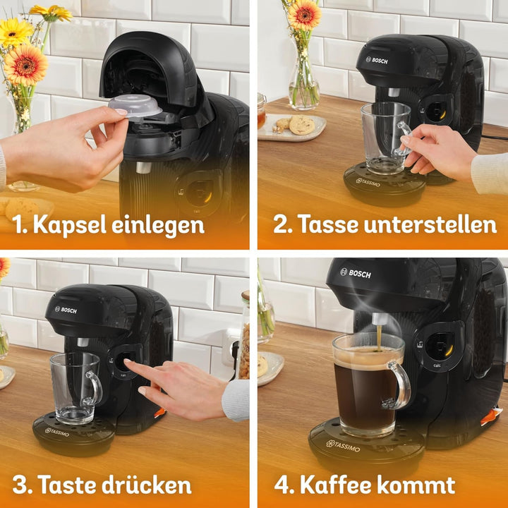 Mașină cu capsule Bosch Tassimo Style Friendly TAS112E, Peste 70 de băuturi, Potrivită pentru toate paharele, Complet automată, Durabilă, Economie de spațiu, 1400 W, Negru