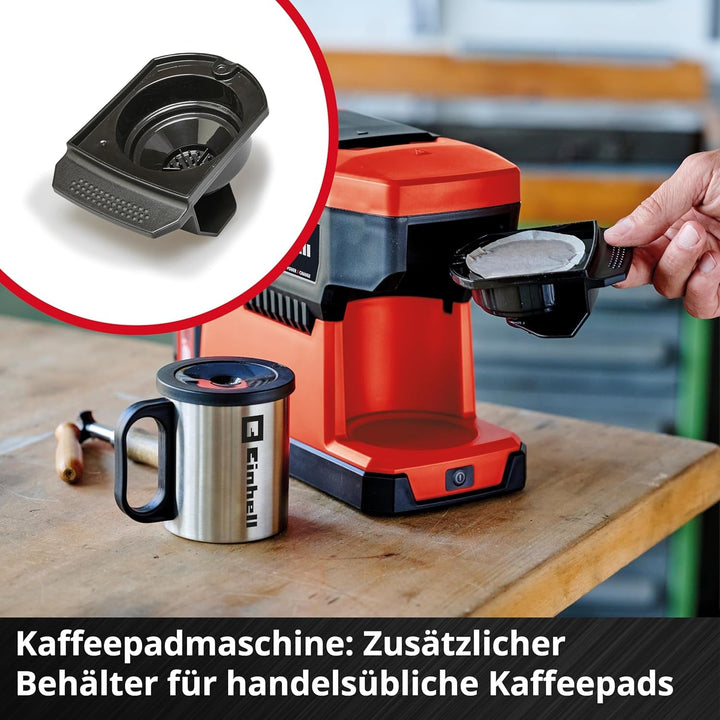 Cafetieră fără fir Einhell TE-CF 18 Li-Solo Power X-Change (18 V, Rezervor de apă 240 ml, Pentru cafea cu filtru și doze de cafea, Mâner de transport, Inclusiv ceașcă de cafea cu capac, Fără baterie)