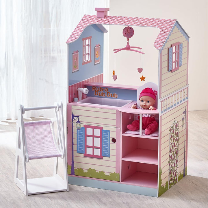 Olivia's Little World 2 En 1 Casă de păpuși și stație de schimbare Masa de schimbare Playset pentru păpuși din lemn cu scaun înalt TD-11460A