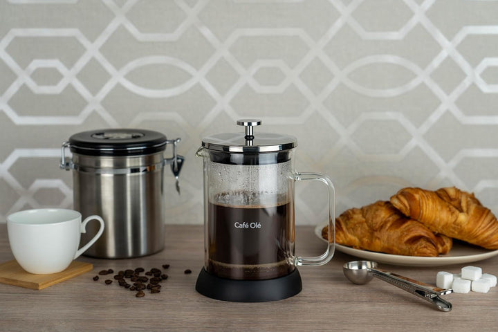 Cafetieră Café Olé Doppio din sticlă cu pereți dubli, presă franceză, bază de silicon antiderapantă, 8 cești espresso/1000 ml, negru