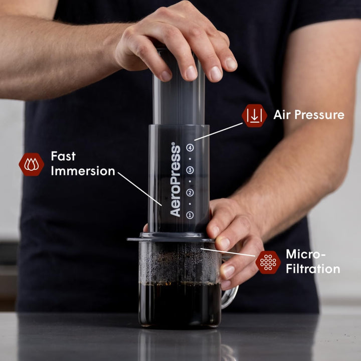 Aparat de cafea și espresso Aeropress Original - Aparat de cafea portabil pentru barista cu cameră de preparare, piston și filtre - Preparare rapidă de cafea și espresso
