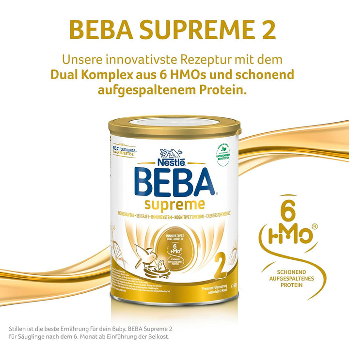 BEBA SUPREME 2 Folgemilch Nach Dem 6. Monat, Babynahrung Mit 6 HMO Komplex, Nur Laktose, Ohne Palmöl, 6Er Pack (6 X 800G)