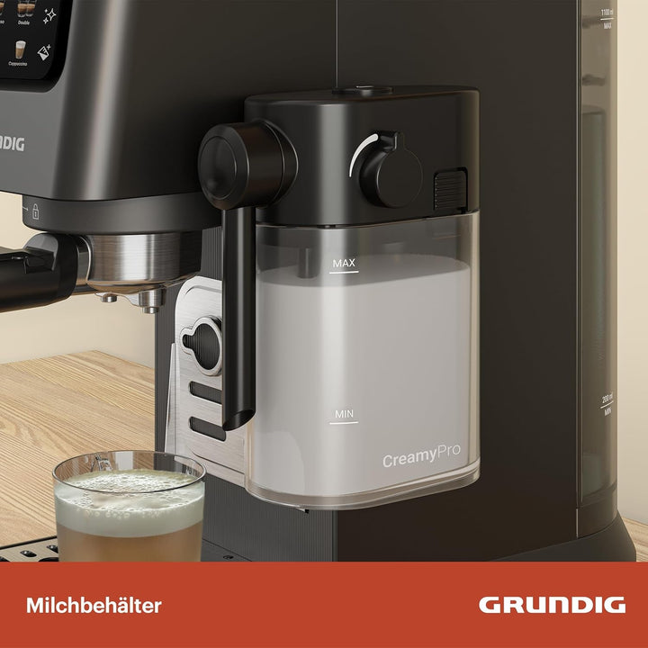 GRUNDIG KSM 5330 Mașină de fasole cu sită Cu recipient integrat pentru lapte, putere 1628 W, presiune pompă 15 bar, duză dublă, afișaj tactil color, Brewsense, Creamypro, Inox închis / negru