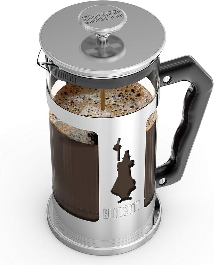 Presă de cafea Bialetti Preziosa, filtru franțuzesc pentru cafea sau ceai, carcasă din oțel inoxidabil și recipient din sticlă borosilicată, lavabil în mașina de spălat vase, 350 ml, pentru 3 cești