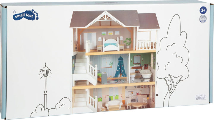 Casă de păpuși Small Foot Vilă de oraș din lemn, cu 3 etaje, față deschisă și 12 mobilier, pentru copii de la 3 ani, 11802, alb gri