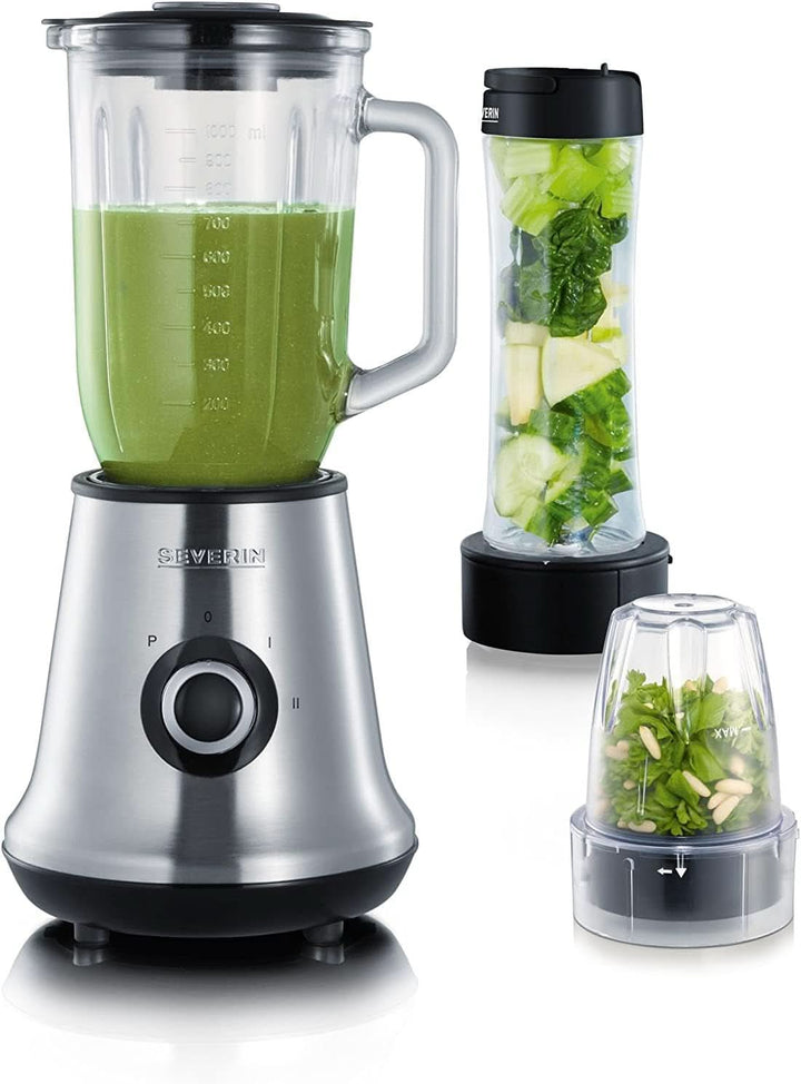 SEVERIN Multimixer, 2-In-1 Stand Mixer Und Smoothie Maker Mit 1 L Glas-Mixbehälter Und Trinkbecher, Küchenmixer Mit 2 Stufen Und Pulse-Funktion, 500 W, Edelstahl/Schwarz, SM 3737