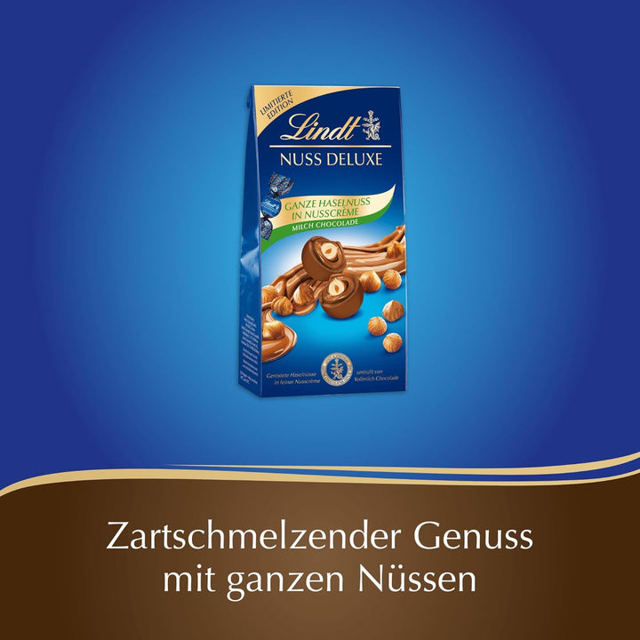 Lindt Schokolade NUSS DELUXE Kugeln Vollmilch Haselnuss| 98 G Beutel | Geröstete Haselnüsse in Feiner Nusscrème Umhüllt Von Feinschmelzender Vollmilch-Schokolade | Pralinengeschenk