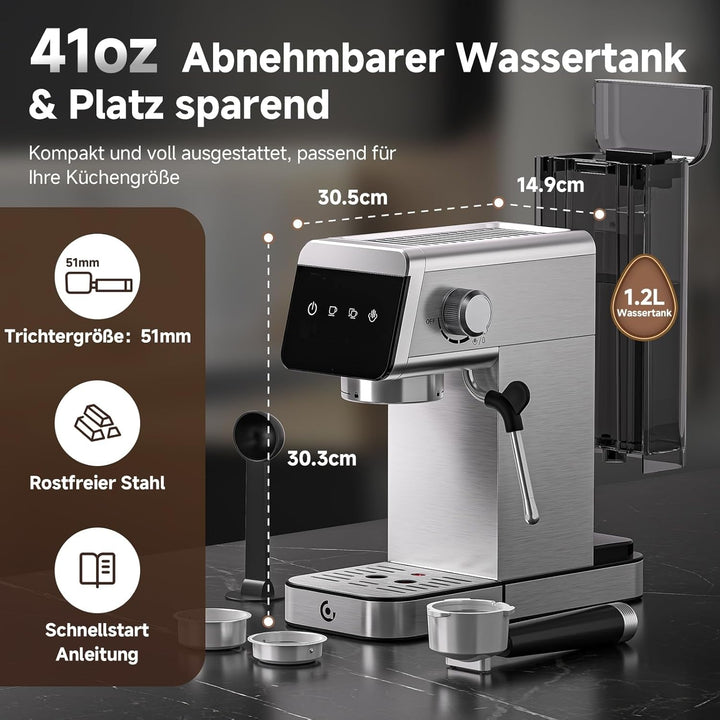 AMZCHEF Mașină de transport cu sită 20 Bar cu afișaj Led Acasă 2-In-1 Espresso Machine cu rezervor detașabil de 1,2L pentru cadouri acasă Mașină compactă din oțel inoxidabil Latte, 1350W