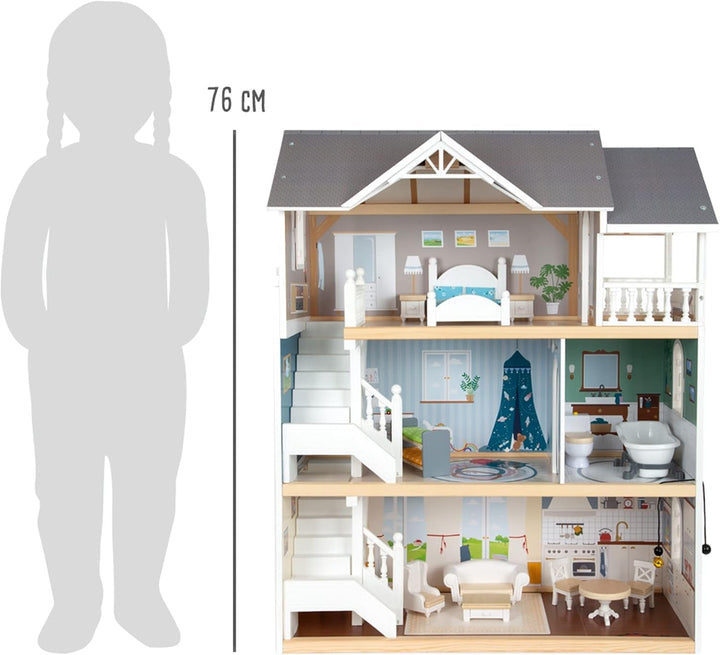 Casă de păpuși Small Foot Vilă de oraș din lemn, cu 3 etaje, față deschisă și 12 mobilier, pentru copii de la 3 ani, 11802, alb gri