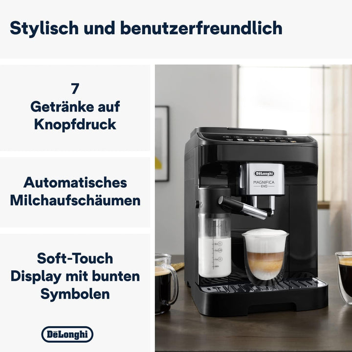 De'Longhi Magnifica Evo ECAM 292.81.B Aparat de cafea complet automat cu sistem de lapte Lattecrema, 7 butoane de selecție directă pentru cappuccino, espresso și alte specialități de cafea, funcție de 2 cești, negru
