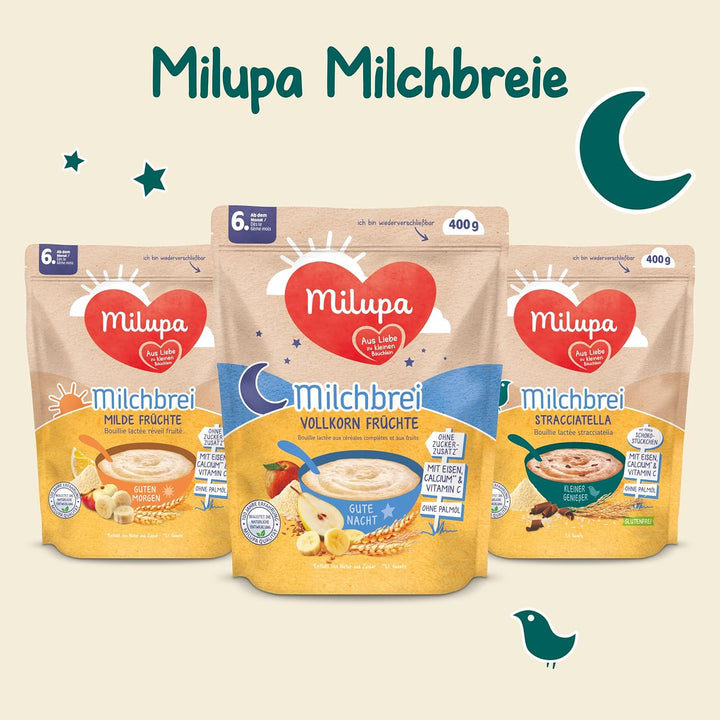 Milupa Milchbrei Vollkorn Früchte – Babybrei Ohne Palmöl – Frei Von Konservierungs- Und Farbstoffen – Ab Dem 6. Monat – 4 X 400 G (Packung Mit 2)