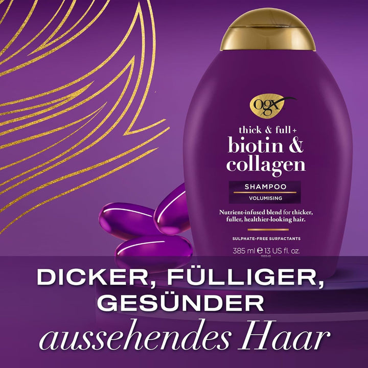 OGX Biotin & Collagen Shampoo (385 Ml), Kräftigendes Haarshampoo Für Feines & Dünnes Haar, Mit Vitamin B7 Biotin & Kollagen, Ohne Sulfate